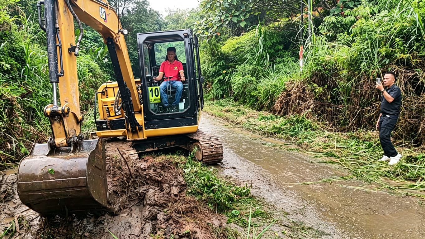 H. Rusli (baju hitam) memantau langsung ekskavator yang sedang membersihkan saluran irigasi, Selanjutnya akan dilakukan perbaikan jalan.