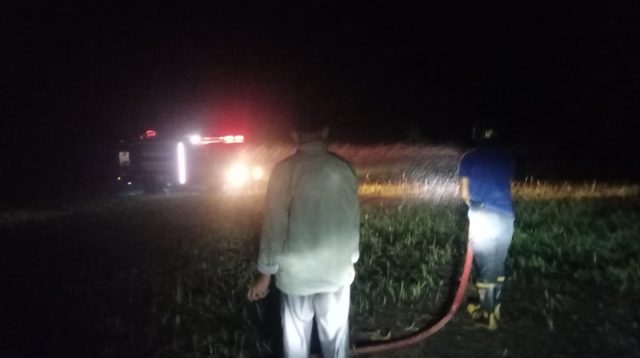 Di bawah gelapnya malam, air dialirkan guna menyiram lahan penanaman jagung.