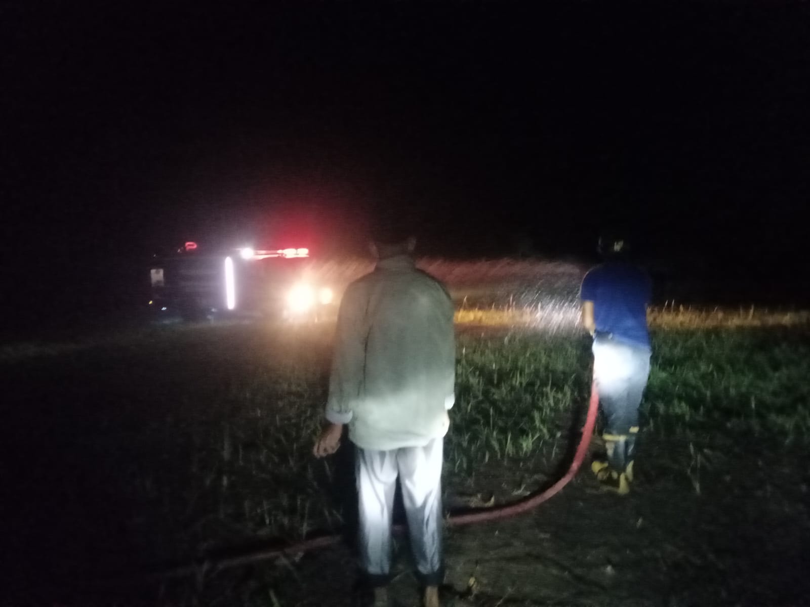 Di bawah gelapnya malam, air dialirkan guna menyiram lahan penanaman jagung.