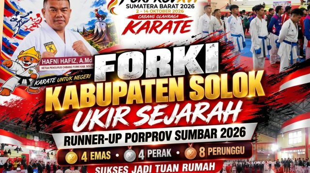 FORKI Kabupaten Solok sukses menutup ajang Porprov XVI Sumbar 2026 sebagai Juara Umum Kedua dengan raihan 4 emas, 4 perak, dan 8 perunggu.