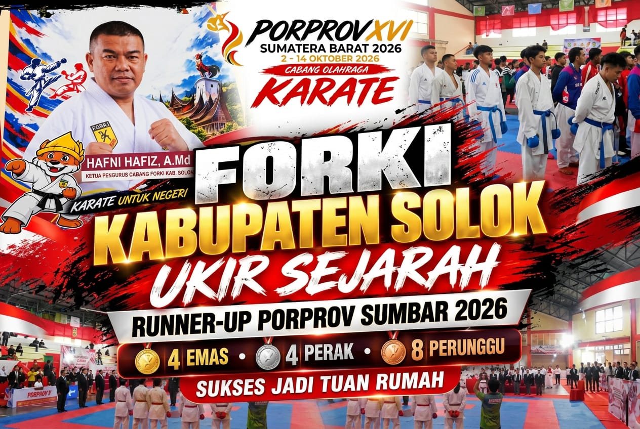 FORKI Kabupaten Solok sukses menutup ajang Porprov XVI Sumbar 2026 sebagai Juara Umum Kedua dengan raihan 4 emas, 4 perak, dan 8 perunggu.